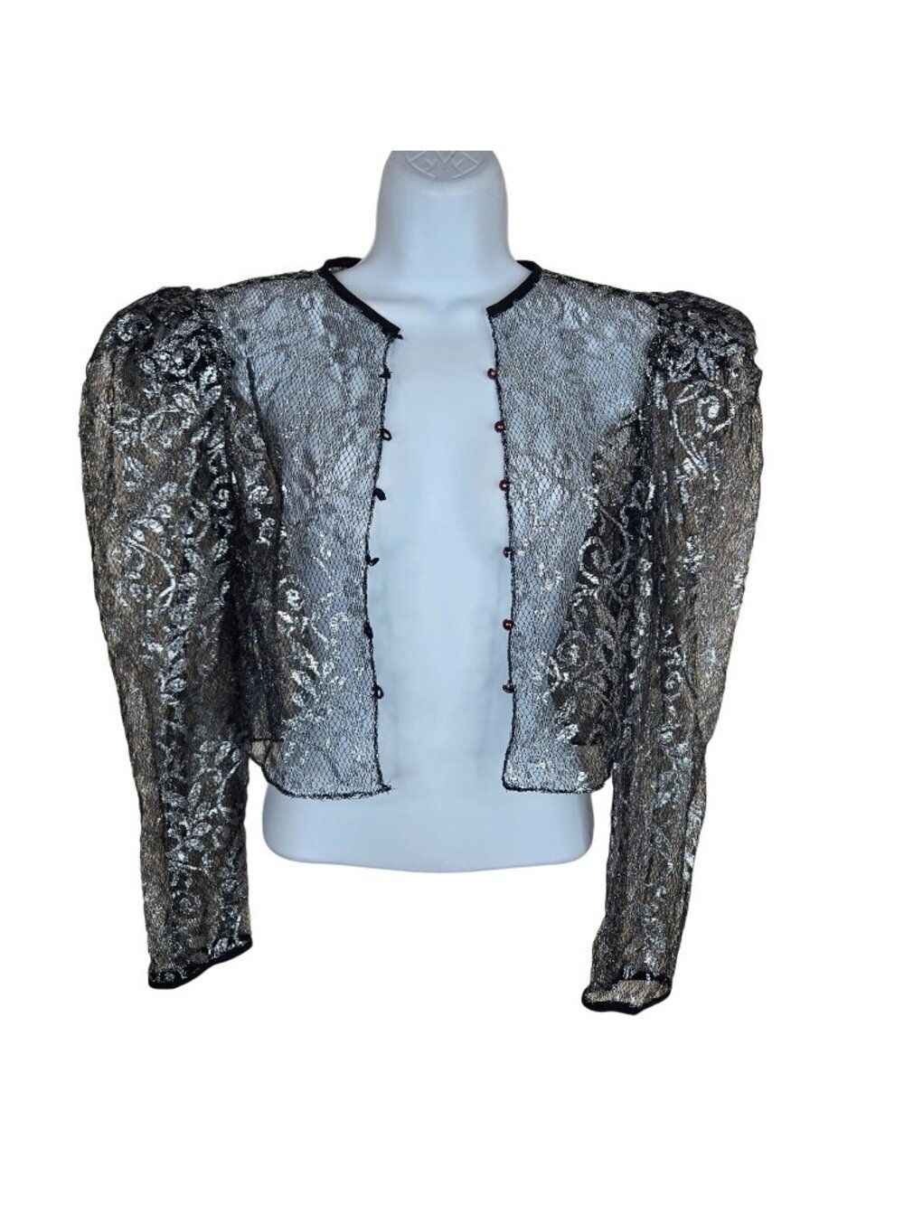 Vintage Liza Minnelli Black Silver Metallic Lace Blouse Puff Sleeves Womens S
